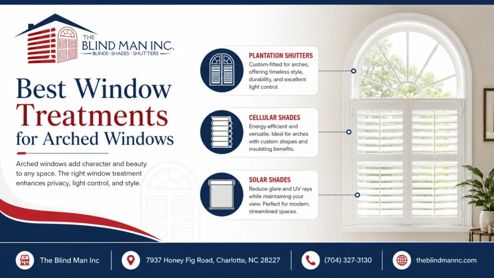 Custom arched window treatments with plantation shutters